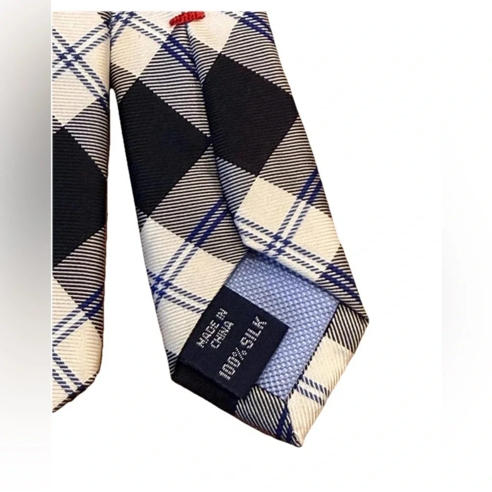 Tommy Hilfiger Silk Necktie Black White Blue Plaid Check Preppy